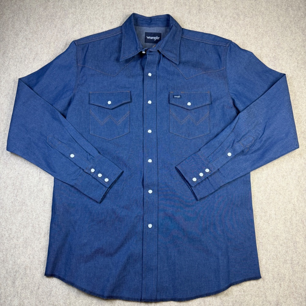 Wrangler Mens Blue Denim Western Snap Up Shirt Long Sleeve Large L Pointed Yoke